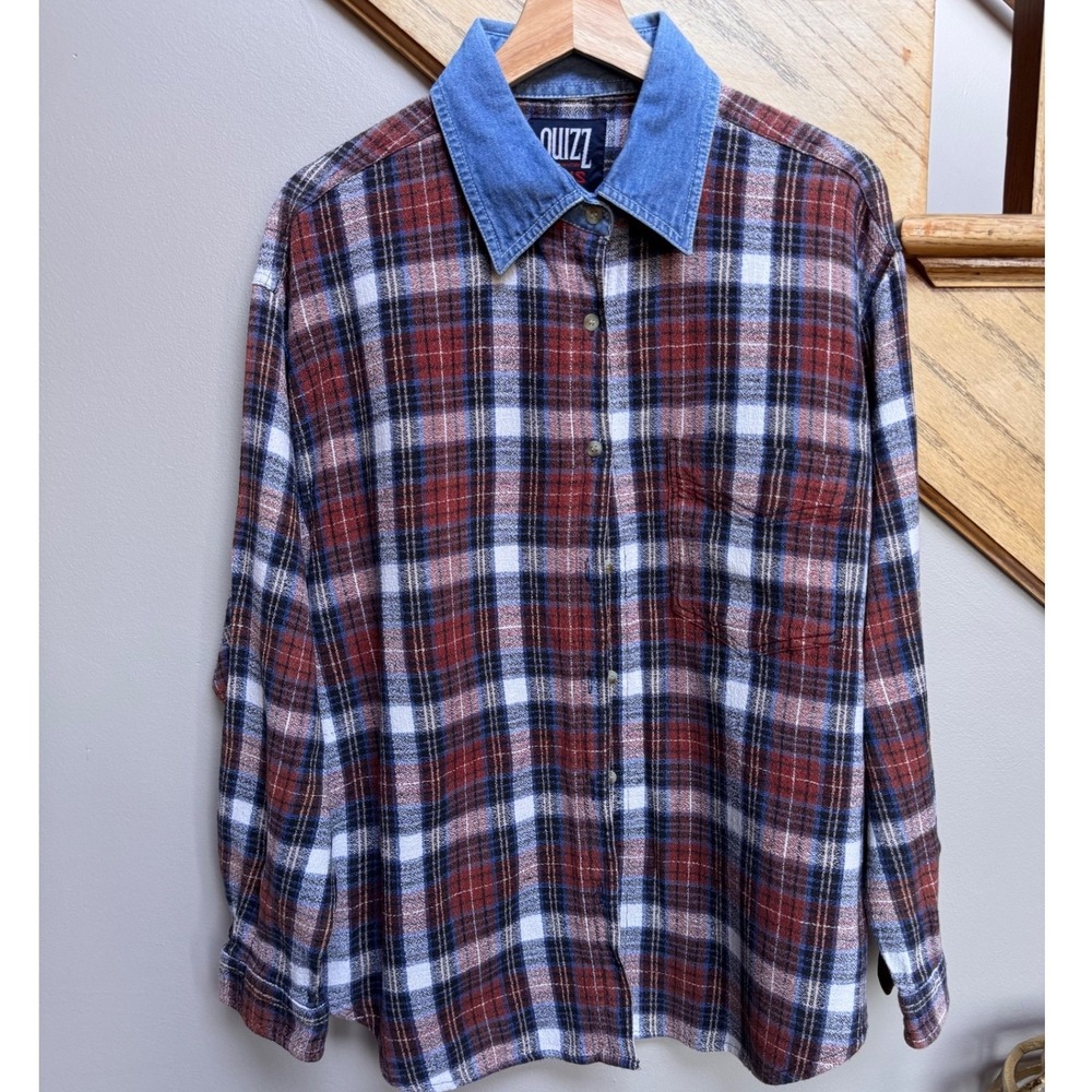 Vintage Quizz NY Women Plaid Shirt Denim Collar Button Up M/L Barn Cabin Sleeze